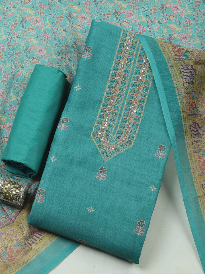 Rama Green Embroidery Cotton Blend Unstitched Dress Material