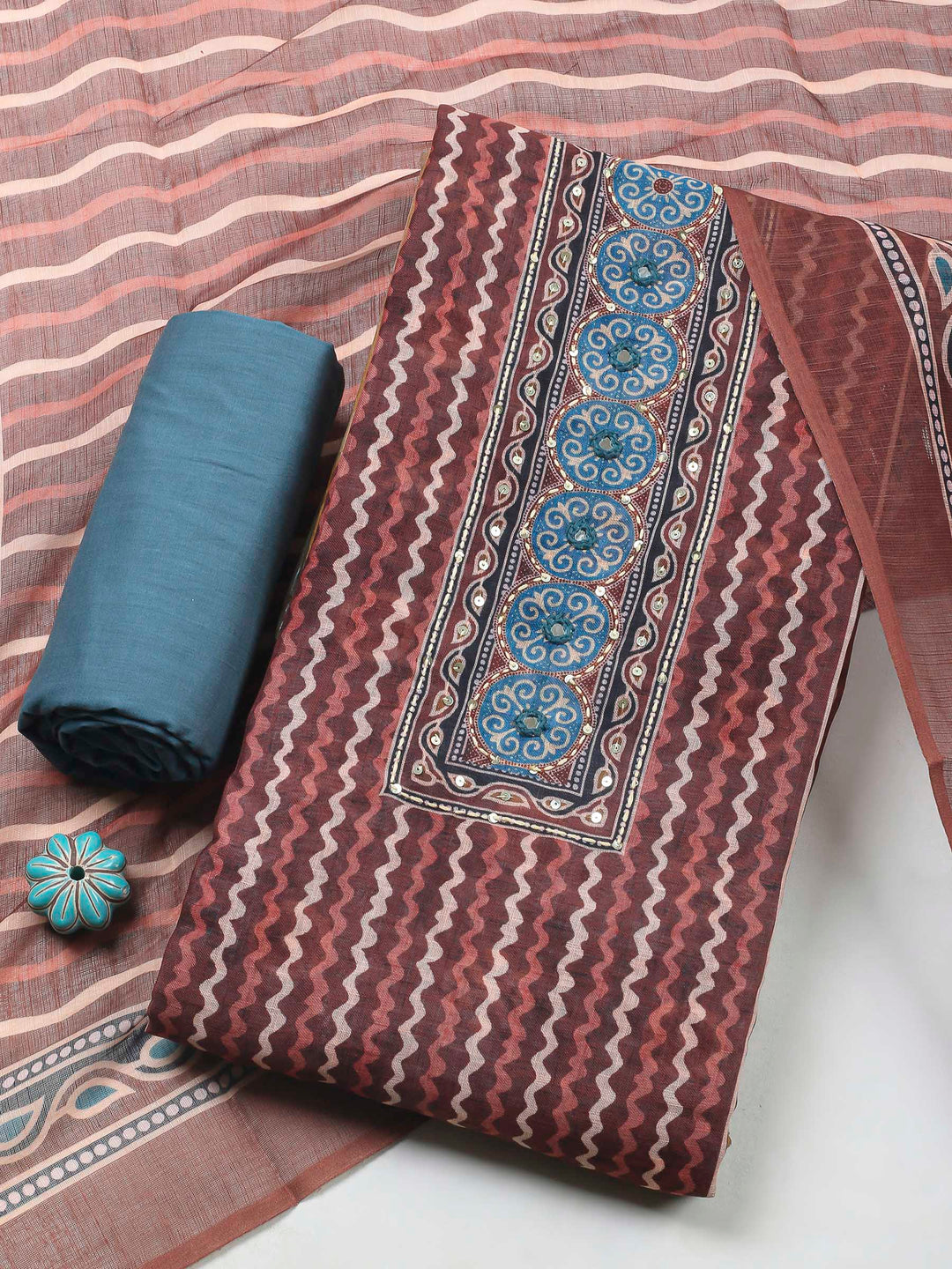 Brown Printed Chanderi Unstitched Dress Material