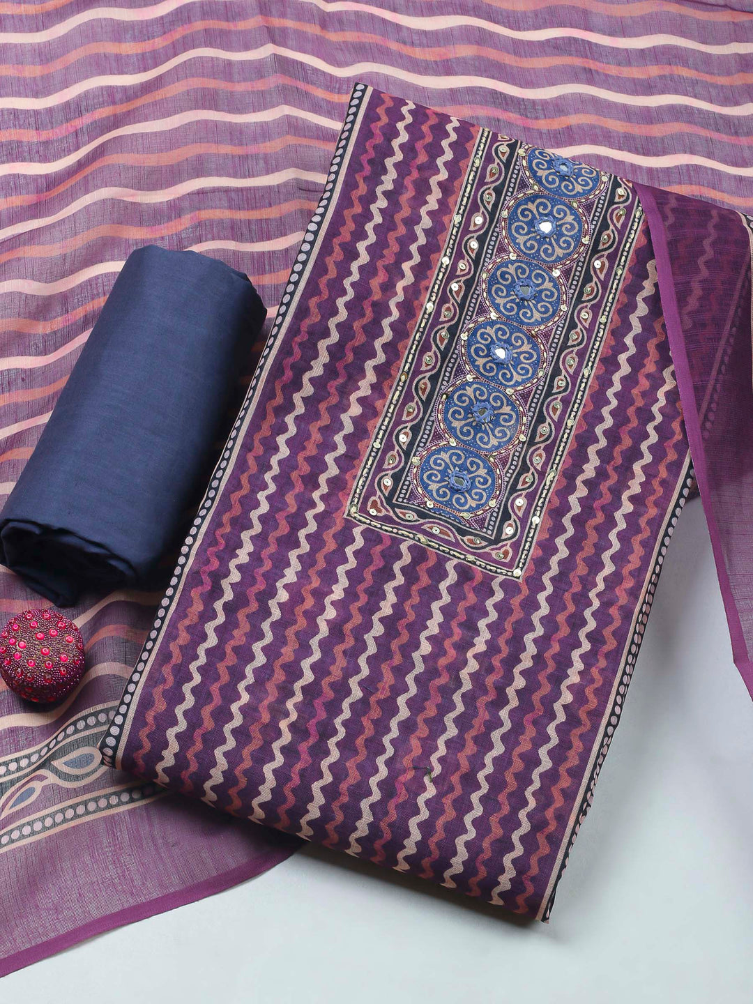 Purple Printed Chanderi Unstitched Dress Material