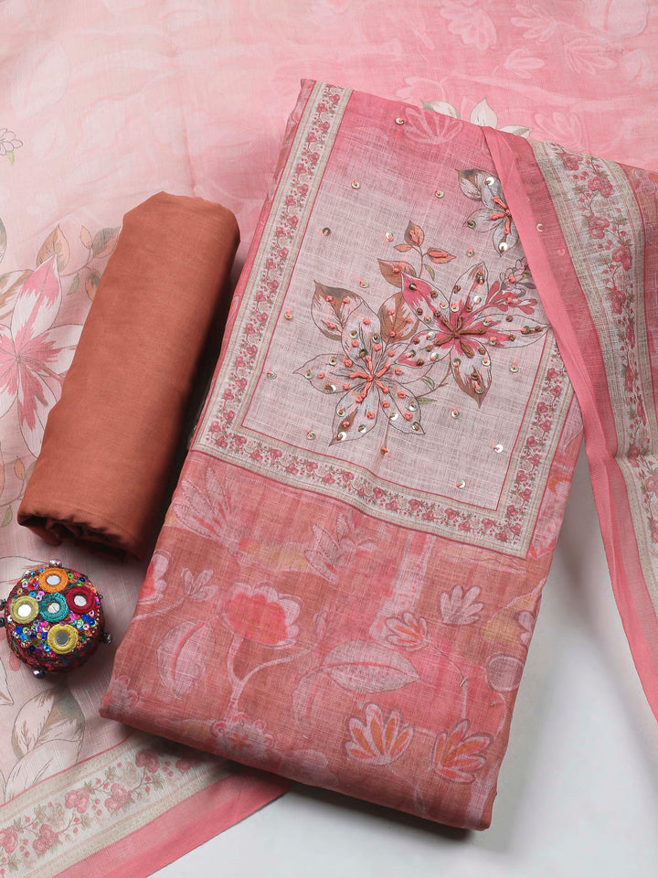 Peach Pink Printed Chanderi Unstitched Dress Material