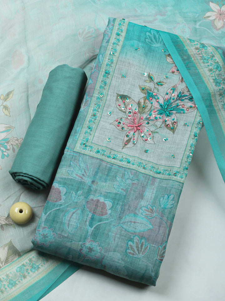 Sea Green Printed Chanderi Unstitched Dress Material