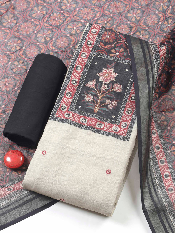 Beige Black Printed Cotton Blend Unstitched Suit &amp; Pant With Cotton Dupatta