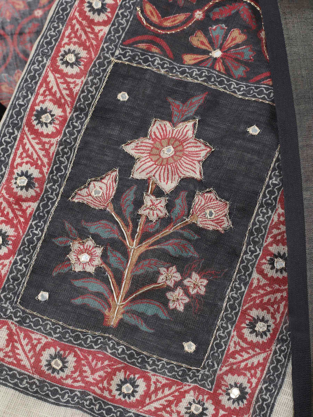 Beige Black Printed Cotton Blend Unstitched Suit &amp; Pant With Cotton Dupatta