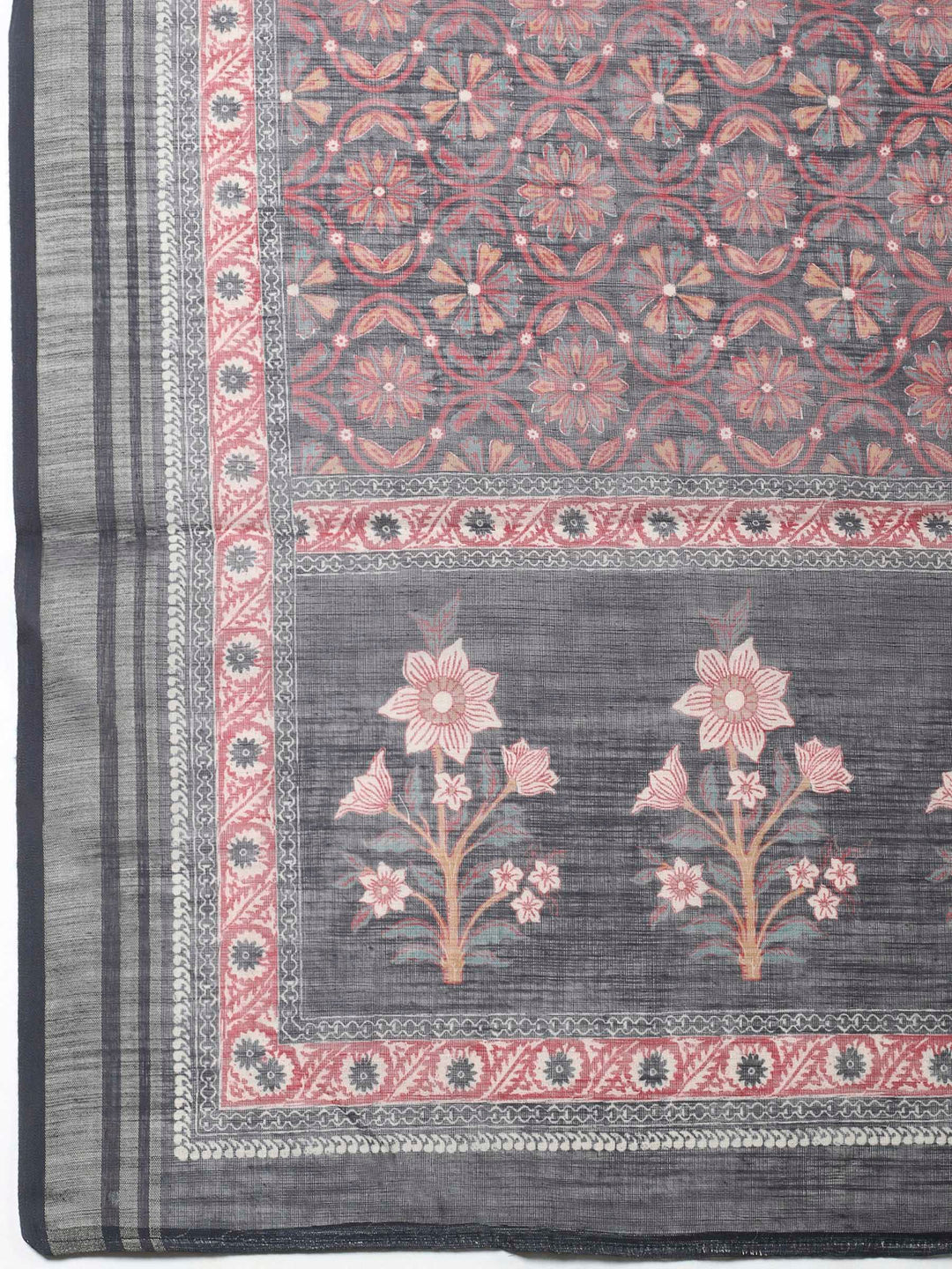Beige Black Printed Cotton Blend Unstitched Suit &amp; Pant With Cotton Dupatta