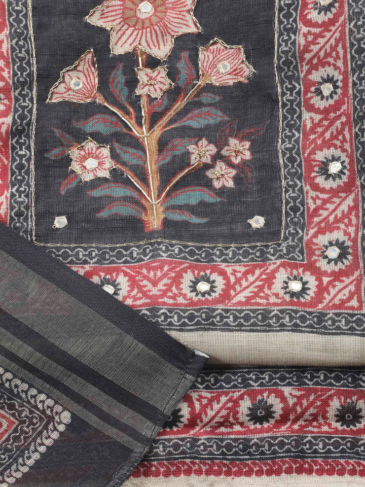 Beige Black Printed Cotton Blend Unstitched Suit &amp; Pant With Cotton Dupatta