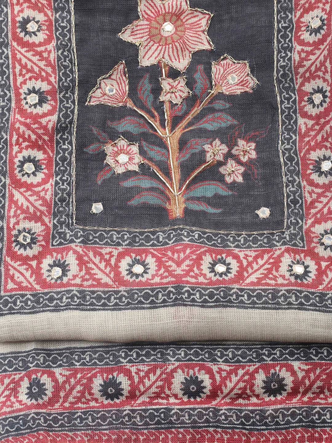 Beige Black Printed Cotton Blend Unstitched Suit &amp; Pant With Cotton Dupatta