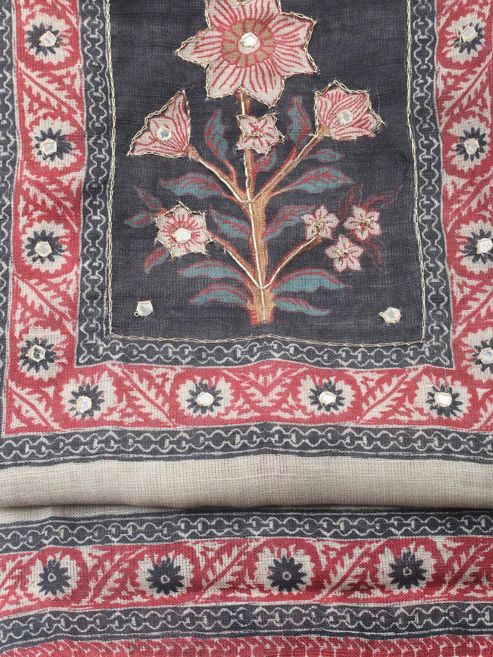 Beige Black Printed Cotton Blend Unstitched Suit &amp; Pant With Cotton Dupatta