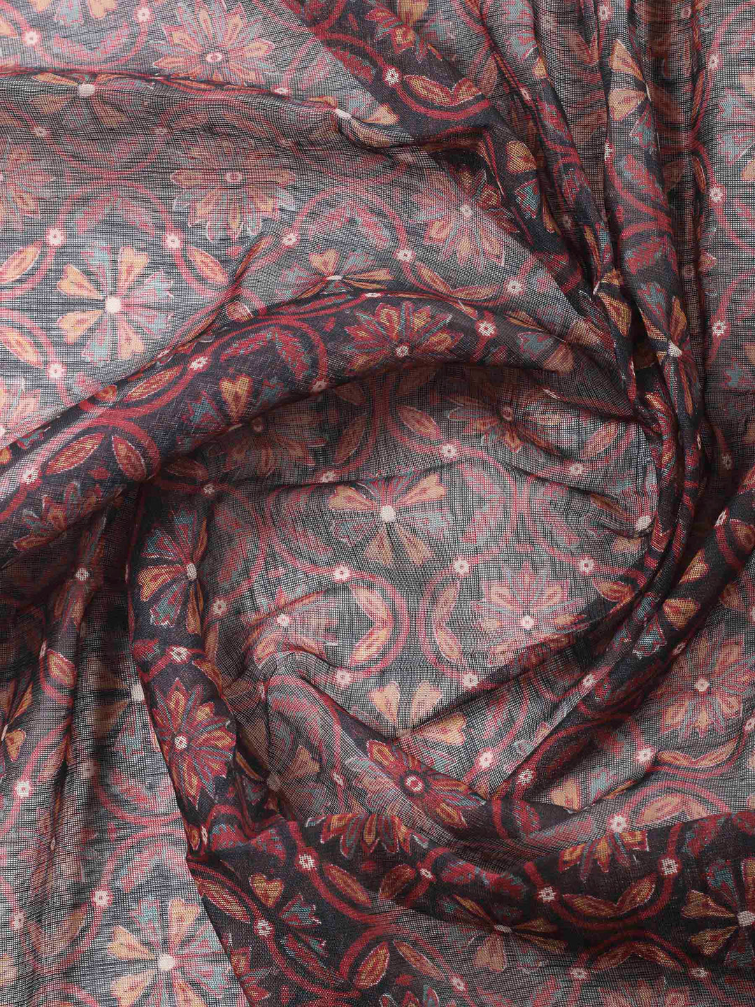 Beige Black Printed Cotton Blend Unstitched Suit &amp; Pant With Cotton Dupatta