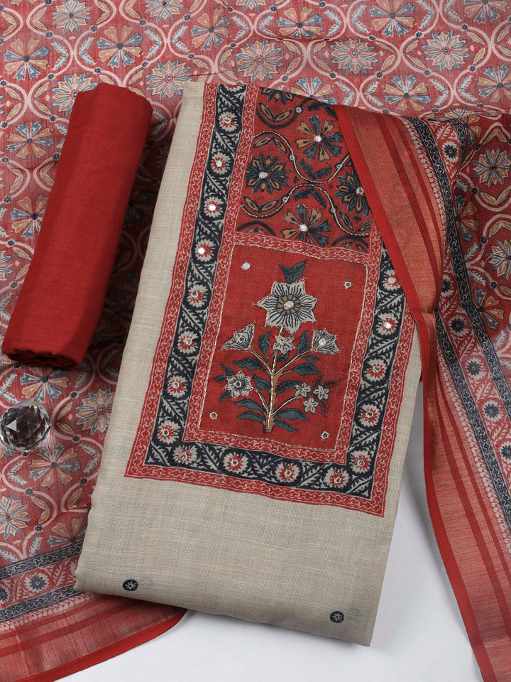 Beige Maroon Printed Cotton Blend Unstitched Suit &amp; Pant With Cotton Dupatta
