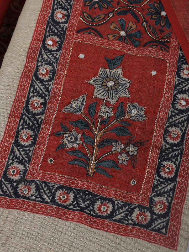 Beige Maroon Printed Cotton Blend Unstitched Suit &amp; Pant With Cotton Dupatta