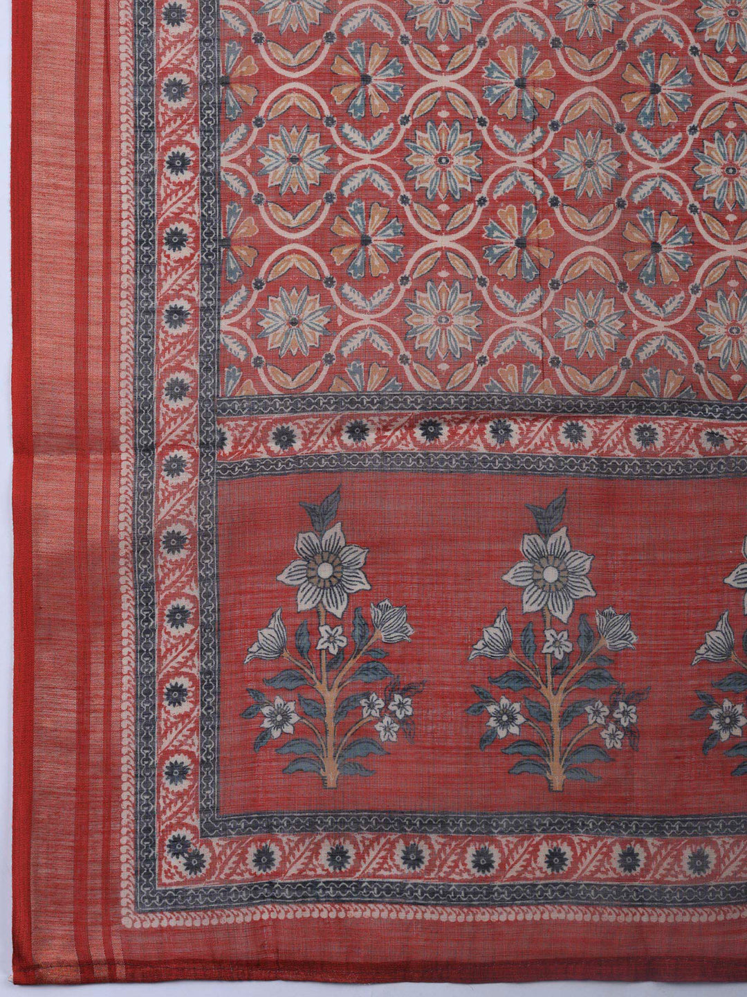 Beige Maroon Printed Cotton Blend Unstitched Suit &amp; Pant With Cotton Dupatta