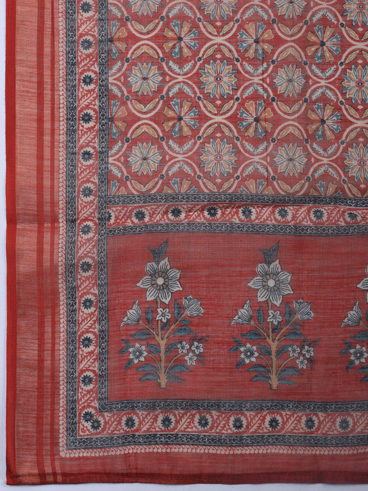 Beige Maroon Printed Cotton Blend Unstitched Suit &amp; Pant With Cotton Dupatta