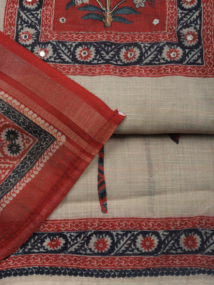 Beige Maroon Printed Cotton Blend Unstitched Suit &amp; Pant With Cotton Dupatta