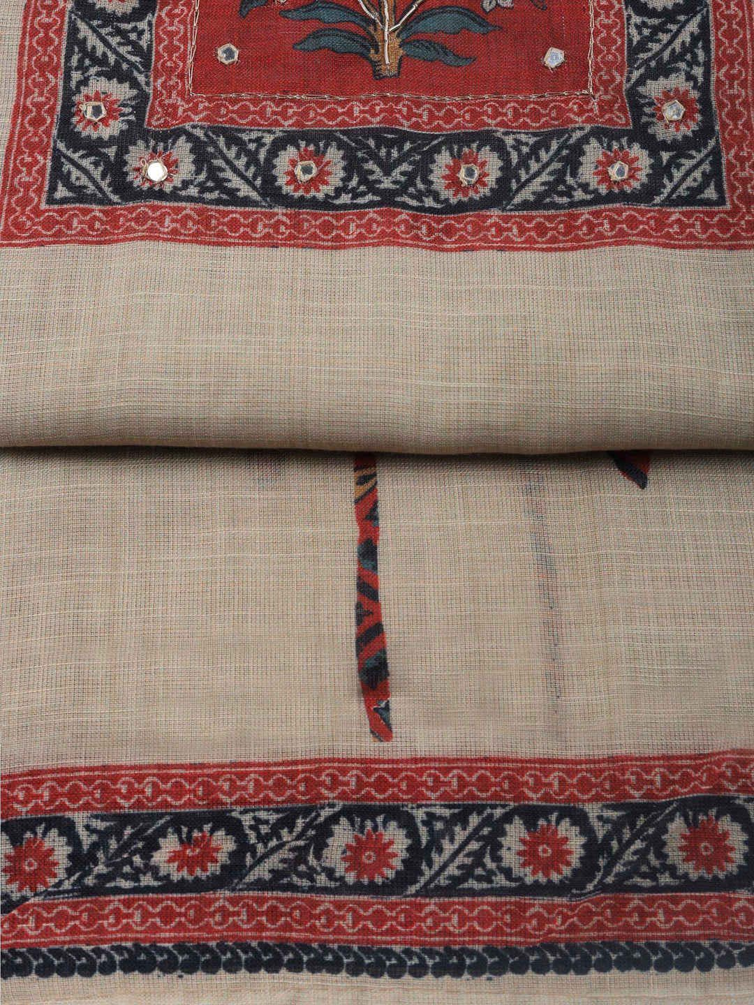 Beige Maroon Printed Cotton Blend Unstitched Suit &amp; Pant With Cotton Dupatta