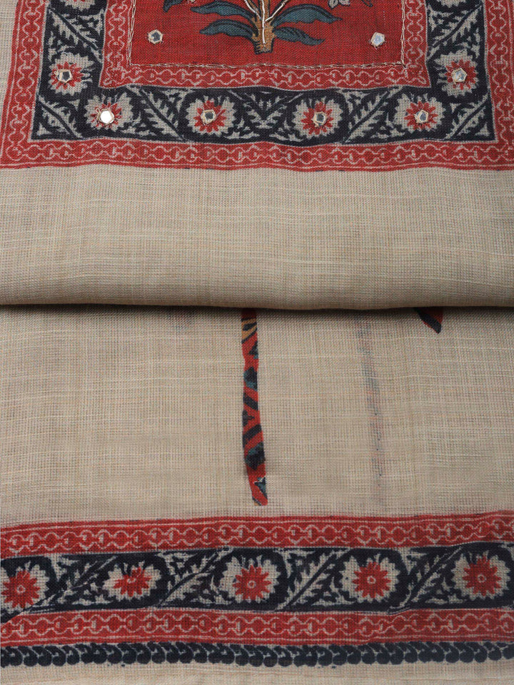 Beige Maroon Printed Cotton Blend Unstitched Suit &amp; Pant With Cotton Dupatta