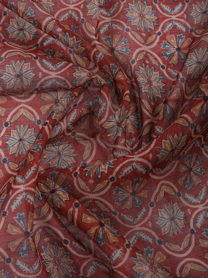 Beige Maroon Printed Cotton Blend Unstitched Suit &amp; Pant With Cotton Dupatta