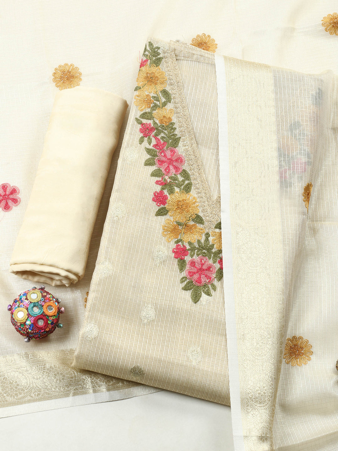 Golden Beige Embroidered Tissue Unstitched Suit &amp; Pant With Tissue Dupatta