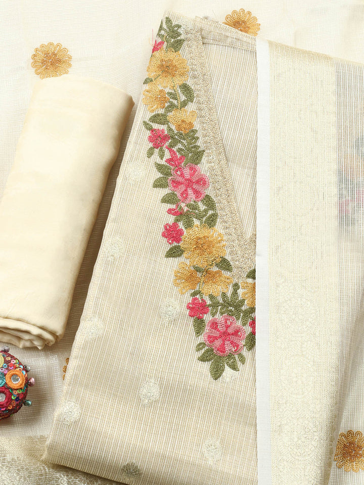 Golden Beige Embroidered Tissue Unstitched Suit &amp; Pant With Tissue Dupatta