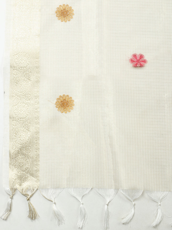Golden Beige Embroidered Tissue Unstitched Suit &amp; Pant With Tissue Dupatta