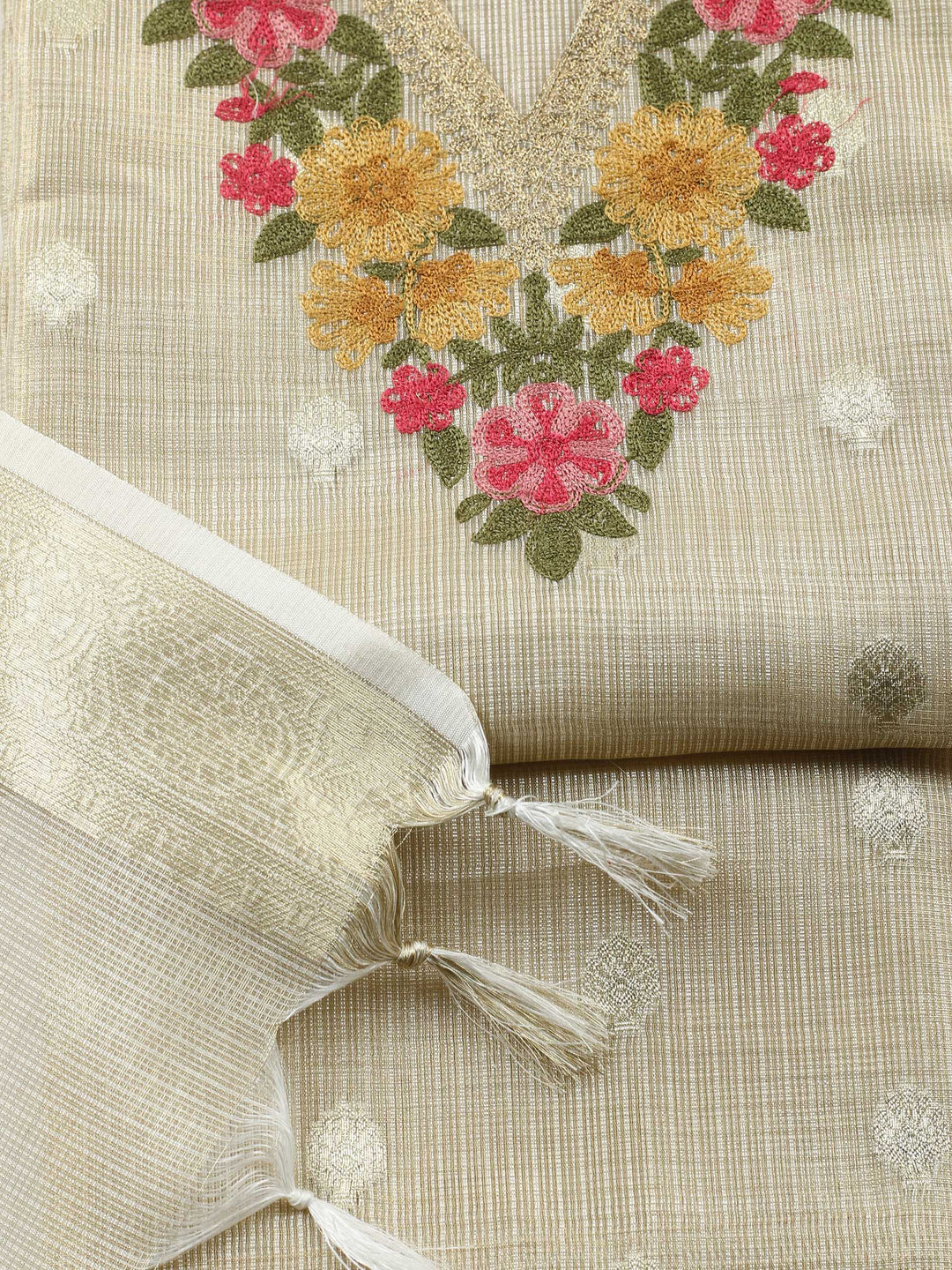 Golden Beige Embroidered Tissue Unstitched Suit &amp; Pant With Tissue Dupatta