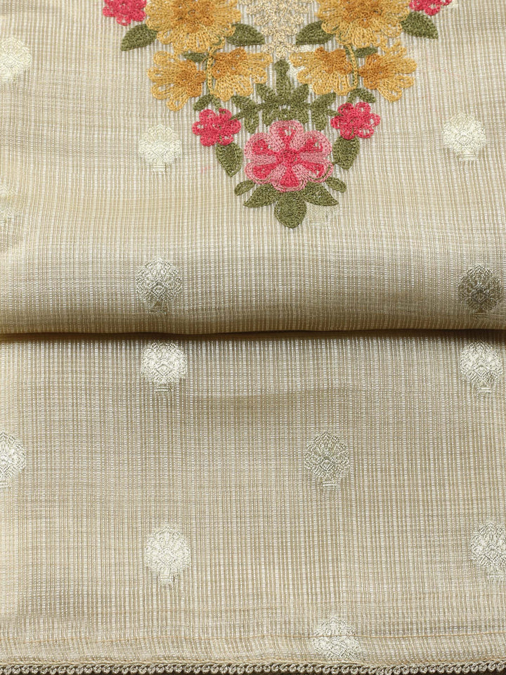 Golden Beige Embroidered Tissue Unstitched Suit &amp; Pant With Tissue Dupatta
