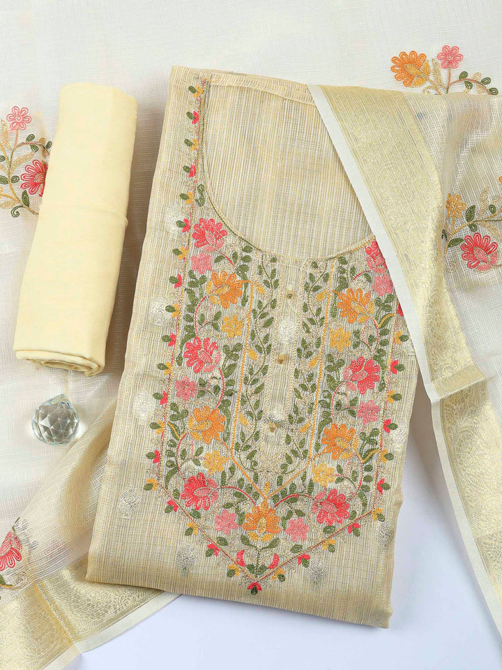 Golden Beige Embroidery Tissue Unstitched Dress Material