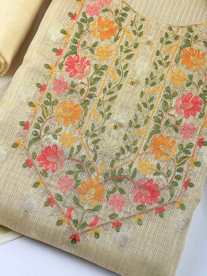 Golden Beige Embroidery Tissue Unstitched Dress Material