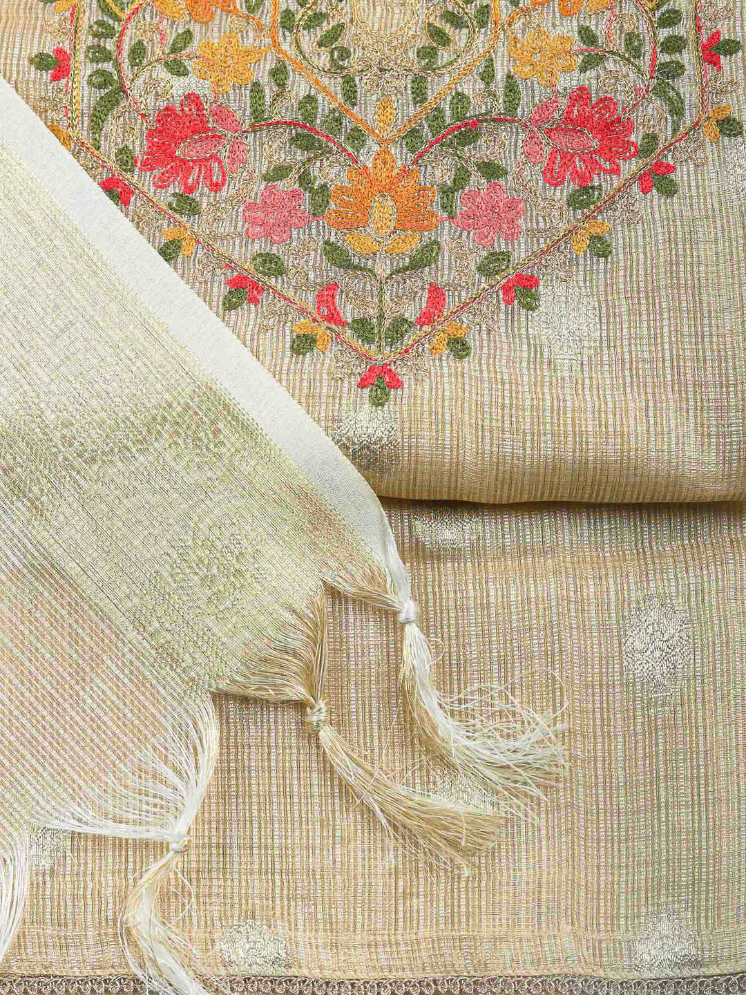 Golden Beige Embroidery Tissue Unstitched Dress Material