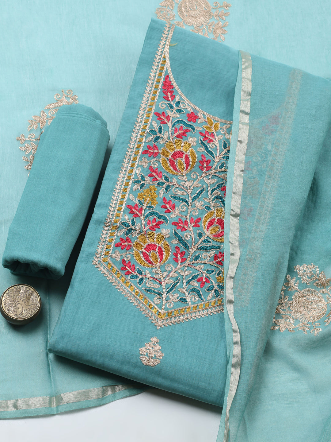 Aqua Green Embroidered Chanderi Unstitched Suit &amp; Pant With Banarsi Dupatta