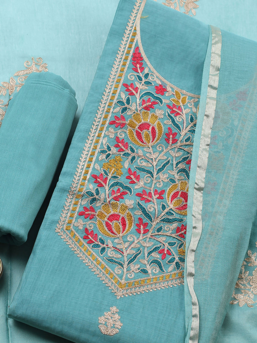 Aqua Green Embroidered Chanderi Unstitched Suit &amp; Pant With Banarsi Dupatta
