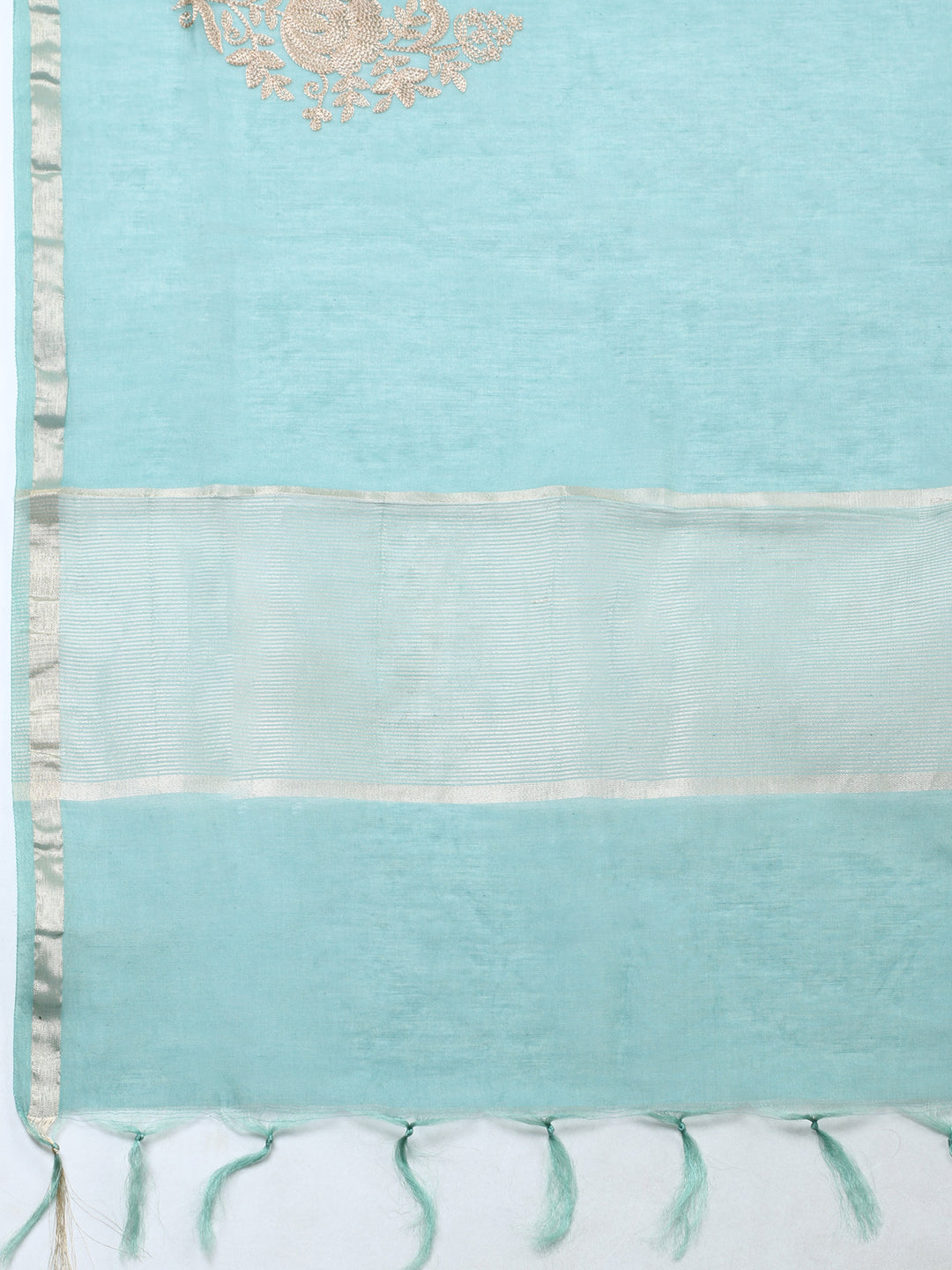Aqua Green Embroidered Chanderi Unstitched Suit &amp; Pant With Banarsi Dupatta