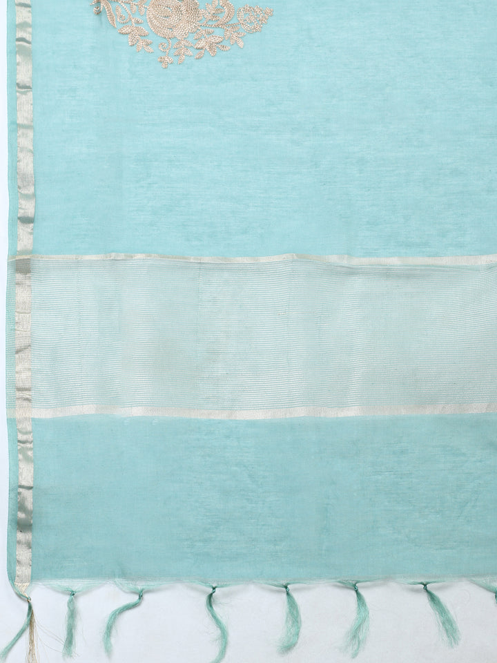 Aqua Green Embroidered Chanderi Unstitched Suit &amp; Pant With Banarsi Dupatta