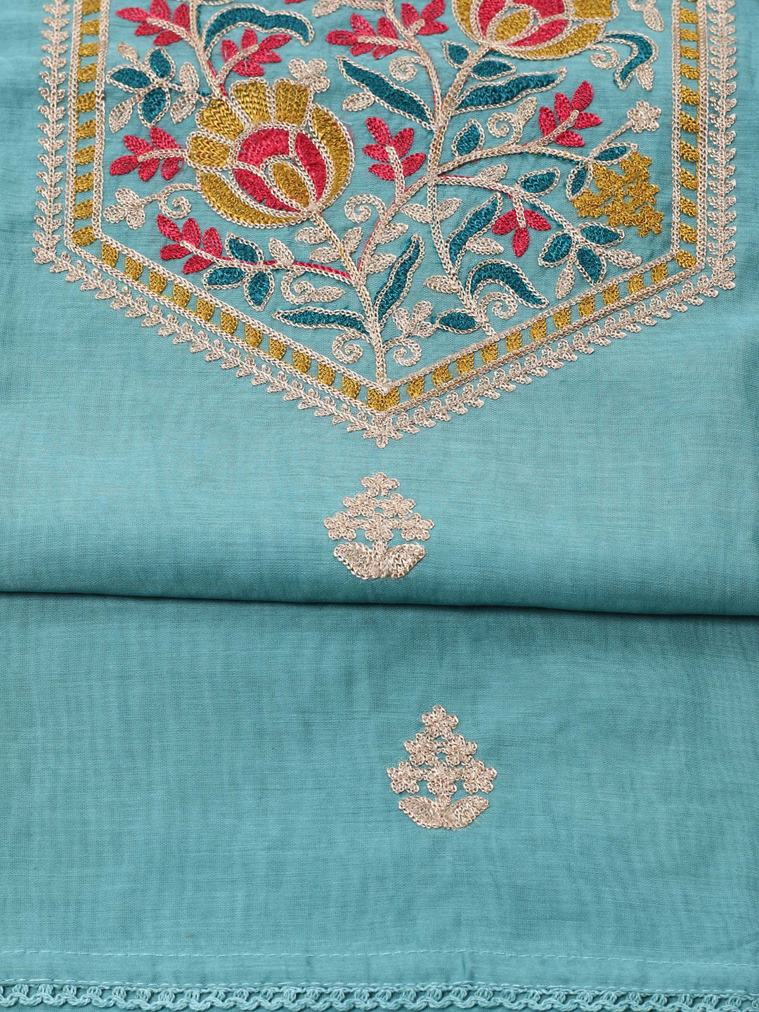 Aqua Green Embroidered Chanderi Unstitched Suit &amp; Pant With Banarsi Dupatta