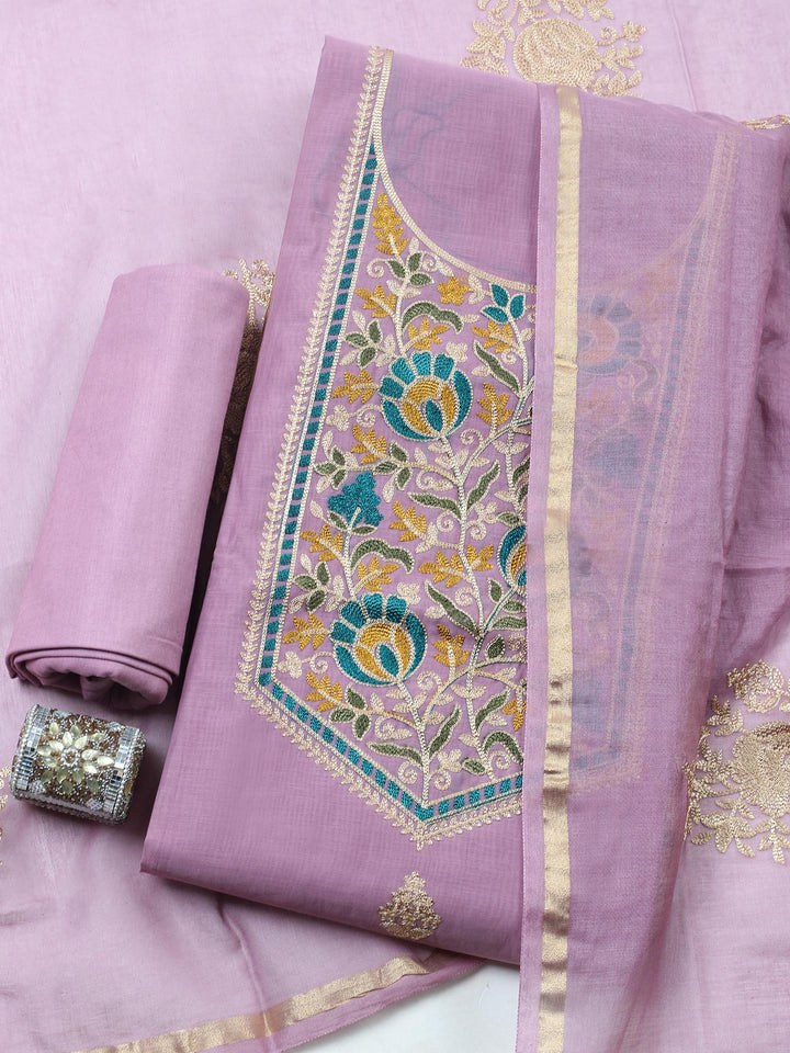Lavender Embroidered Chanderi Unstitched Suit &amp; Pant With Banarsi Dupatta