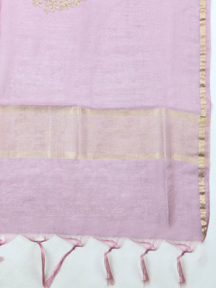 Lavender Embroidered Chanderi Unstitched Suit &amp; Pant With Banarsi Dupatta
