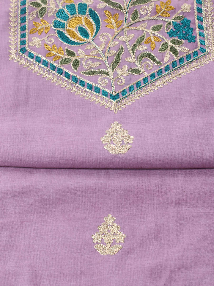 Lavender Embroidered Chanderi Unstitched Suit &amp; Pant With Banarsi Dupatta