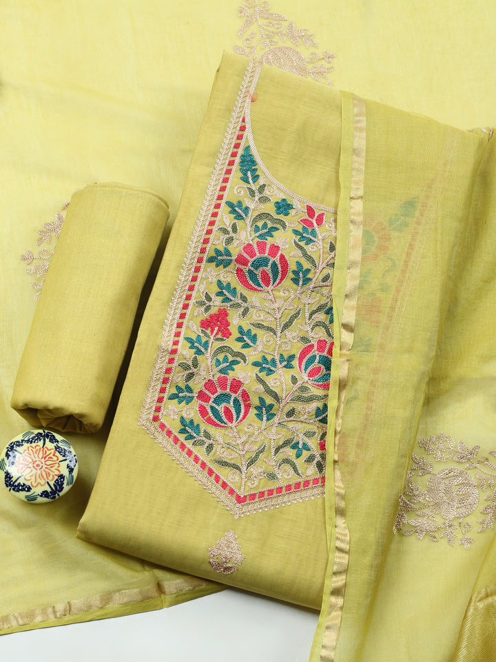 Mehndi Embroidered Chanderi Unstitched Suit &amp; Pant With Banarsi Dupatta