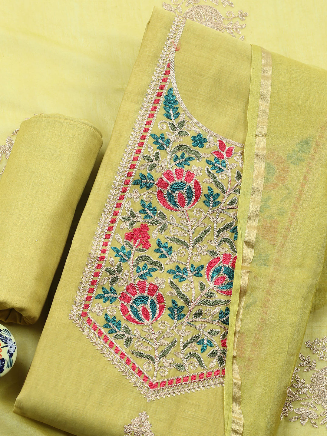 Mehndi Embroidered Chanderi Unstitched Suit &amp; Pant With Banarsi Dupatta