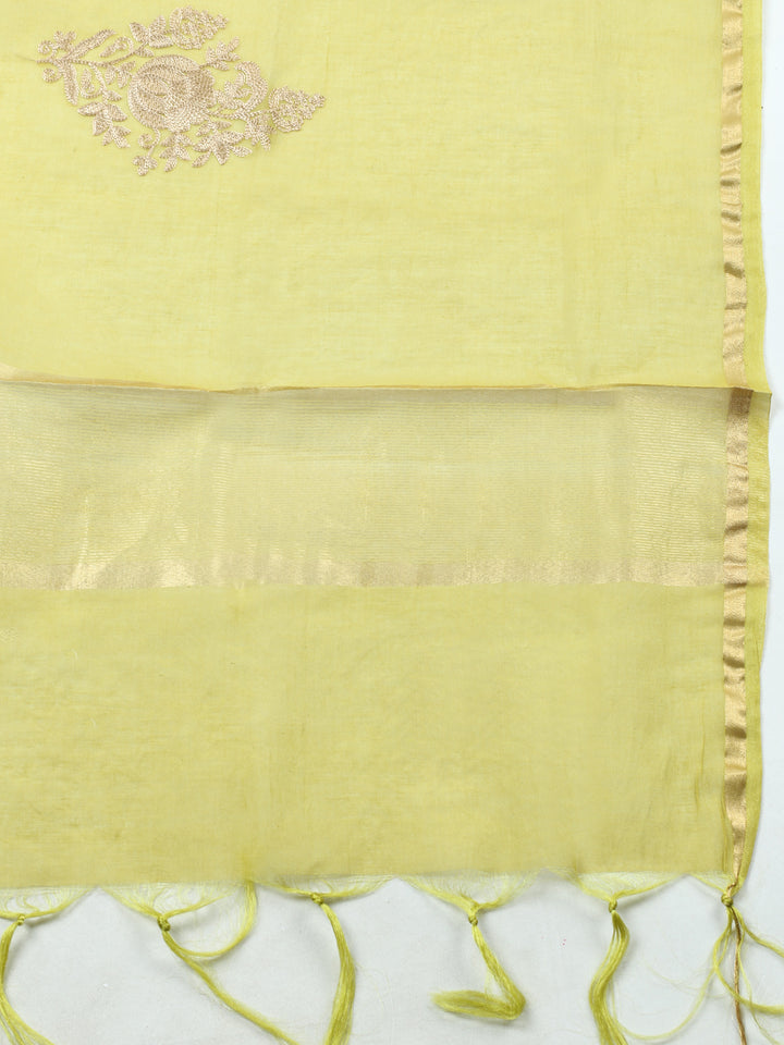Mehndi Embroidered Chanderi Unstitched Suit &amp; Pant With Banarsi Dupatta