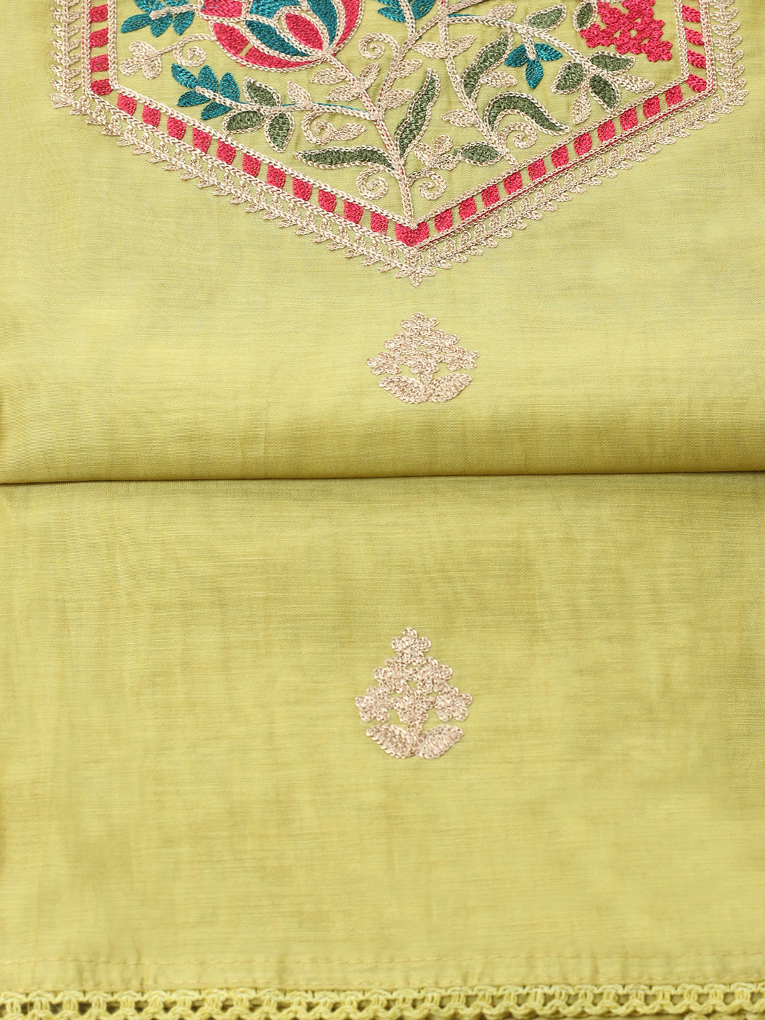 Mehndi Embroidered Chanderi Unstitched Suit &amp; Pant With Banarsi Dupatta