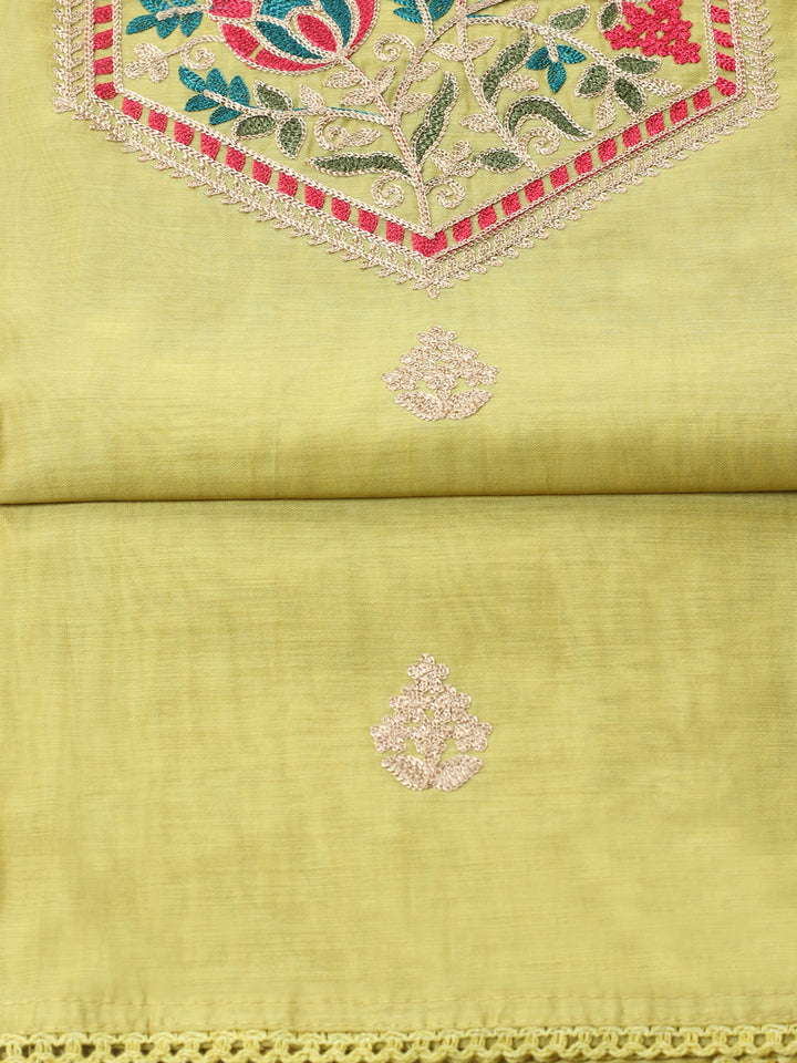 Mehndi Embroidered Chanderi Unstitched Suit &amp; Pant With Banarsi Dupatta