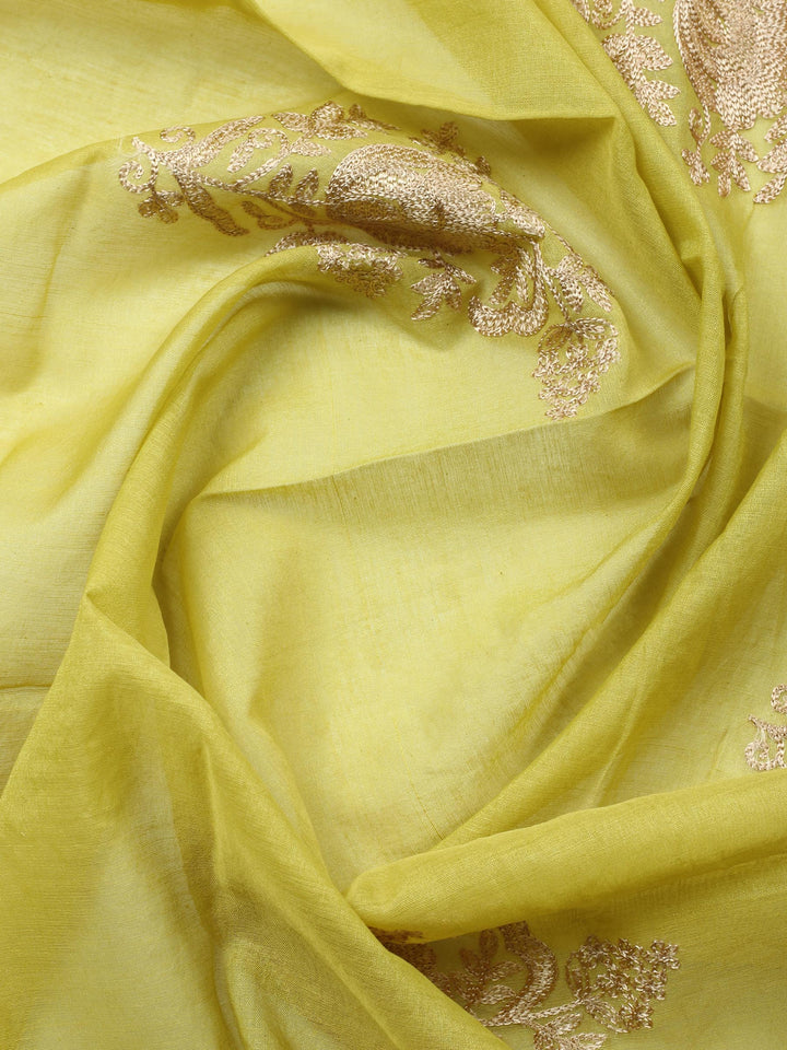 Mehndi Embroidered Chanderi Unstitched Suit &amp; Pant With Banarsi Dupatta