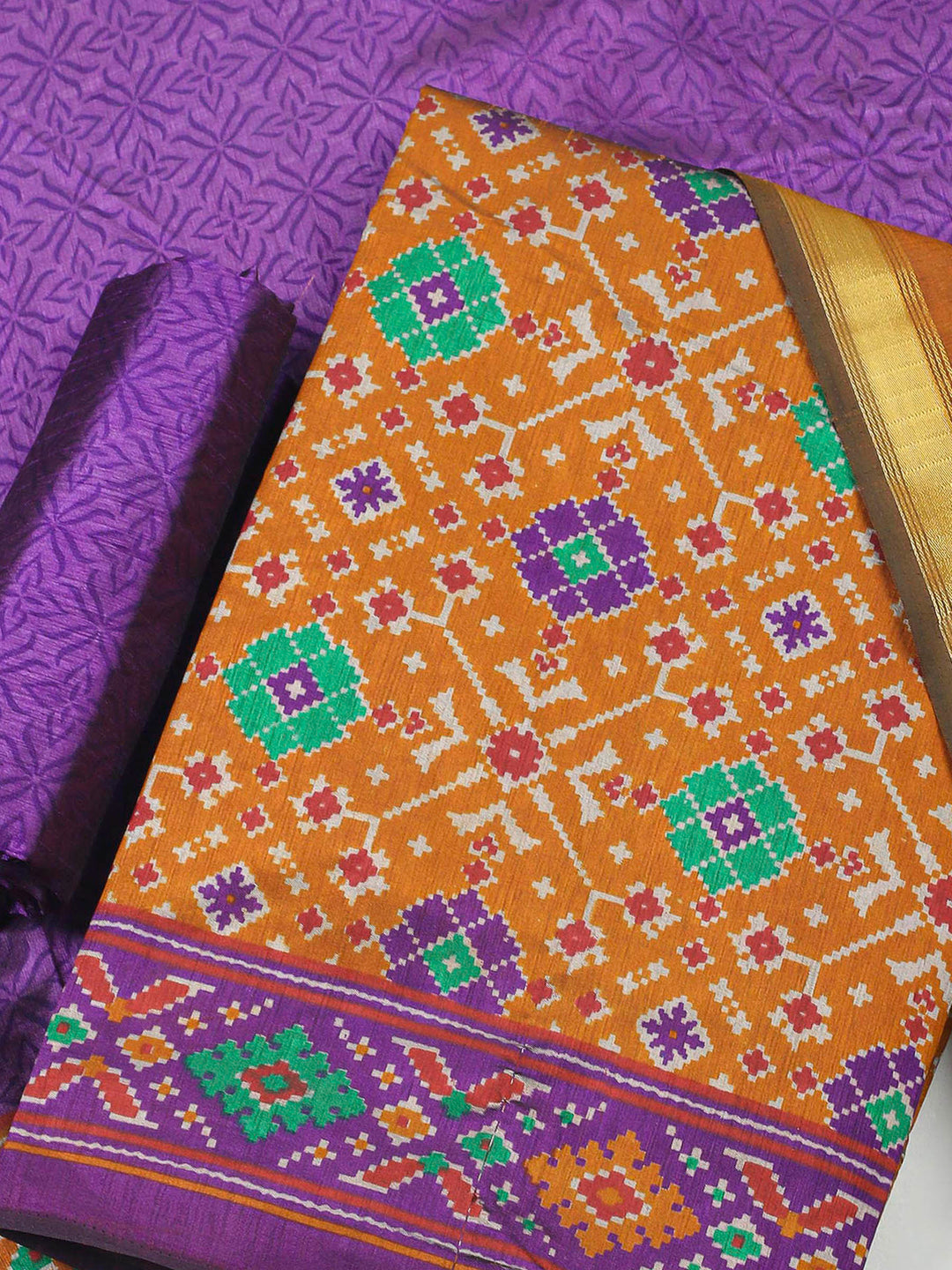 Mustard Patola Printed Art Silk Unstitched Dress Material