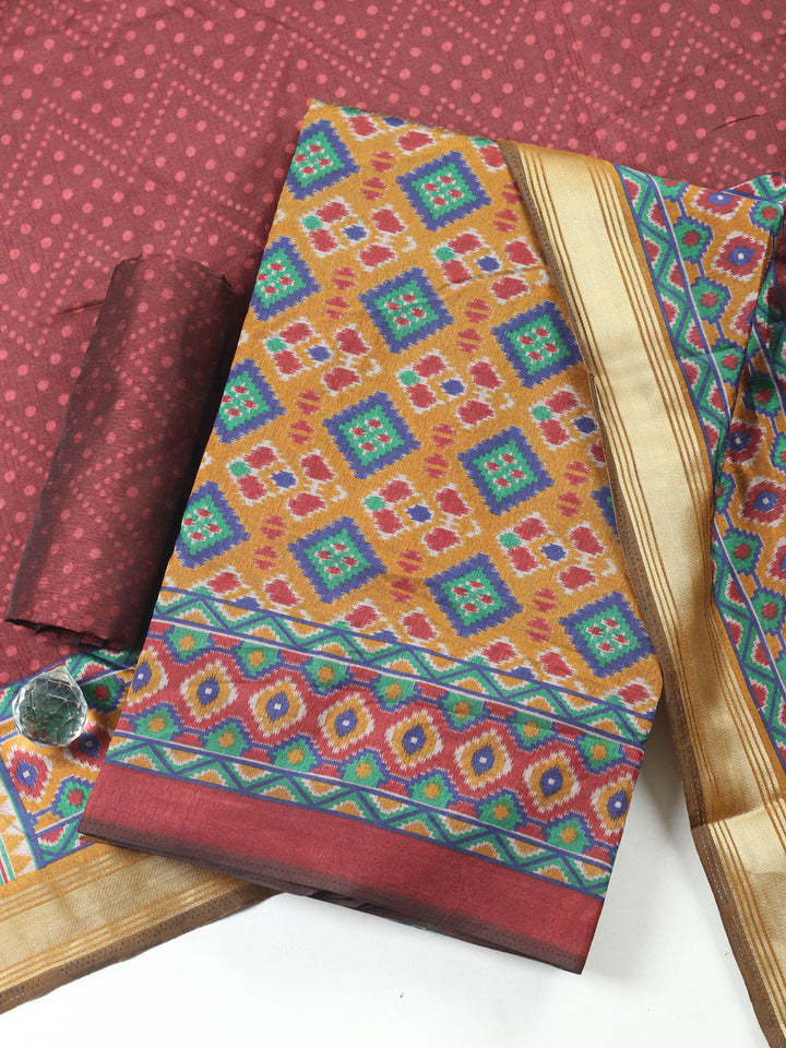 Mustard Woven Design Art Silk Unstitched Suit &amp; Pant With Art Silk Dupatta