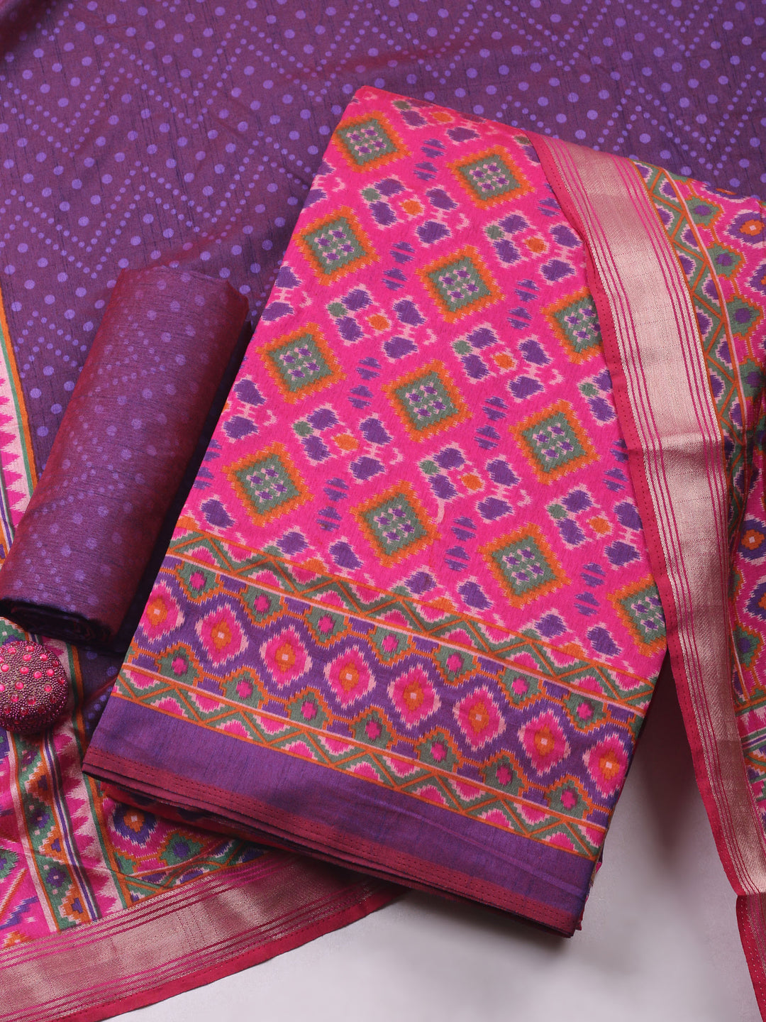 Pink Woven Design Art Silk Unstitched Suit &amp; Pant With Art Silk Dupatta