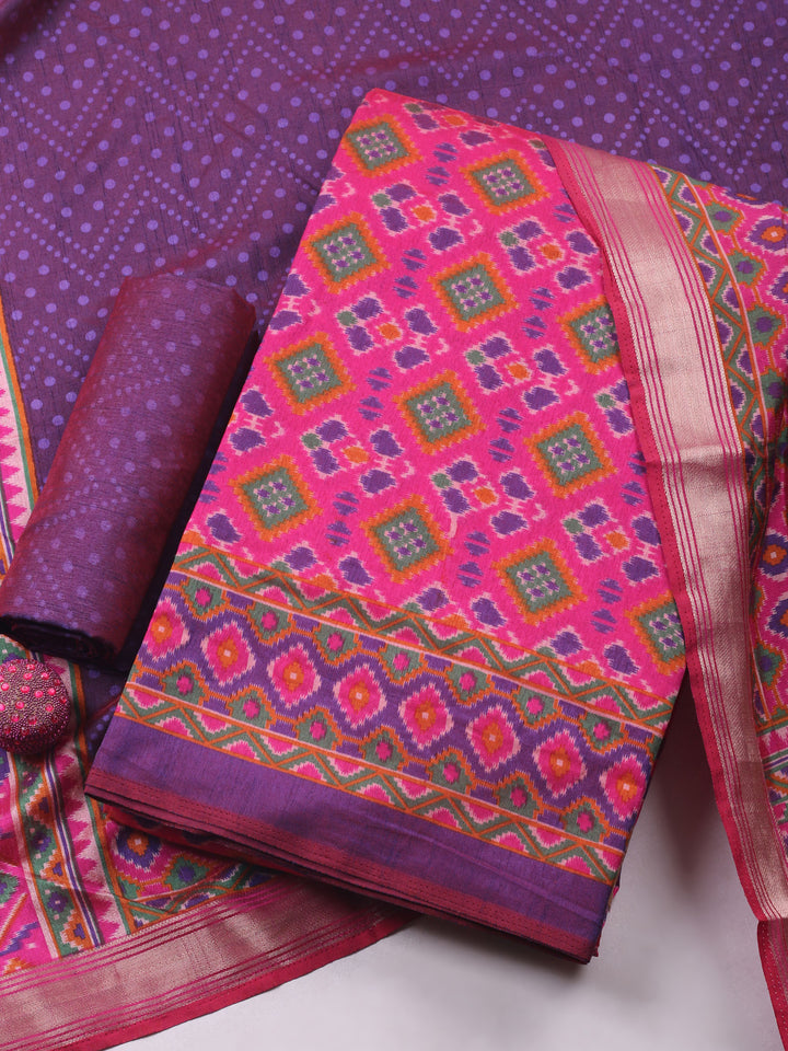 Pink Woven Design Art Silk Unstitched Suit &amp; Pant With Art Silk Dupatta