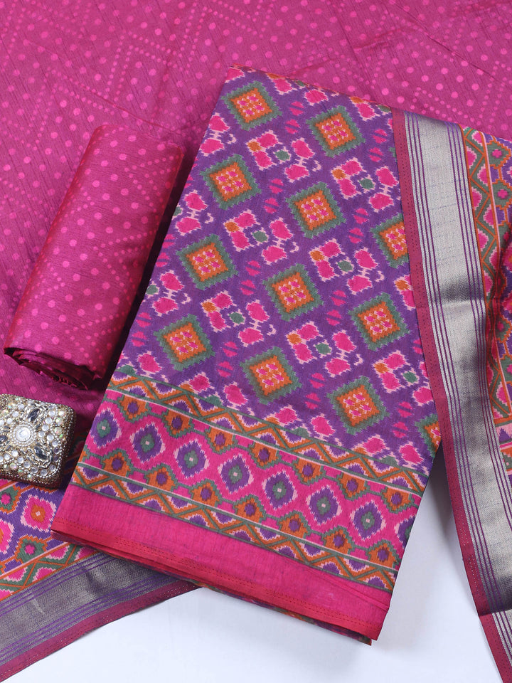 Purple Woven Design Art Silk Unstitched Suit &amp; Pant With Art Silk Dupatta