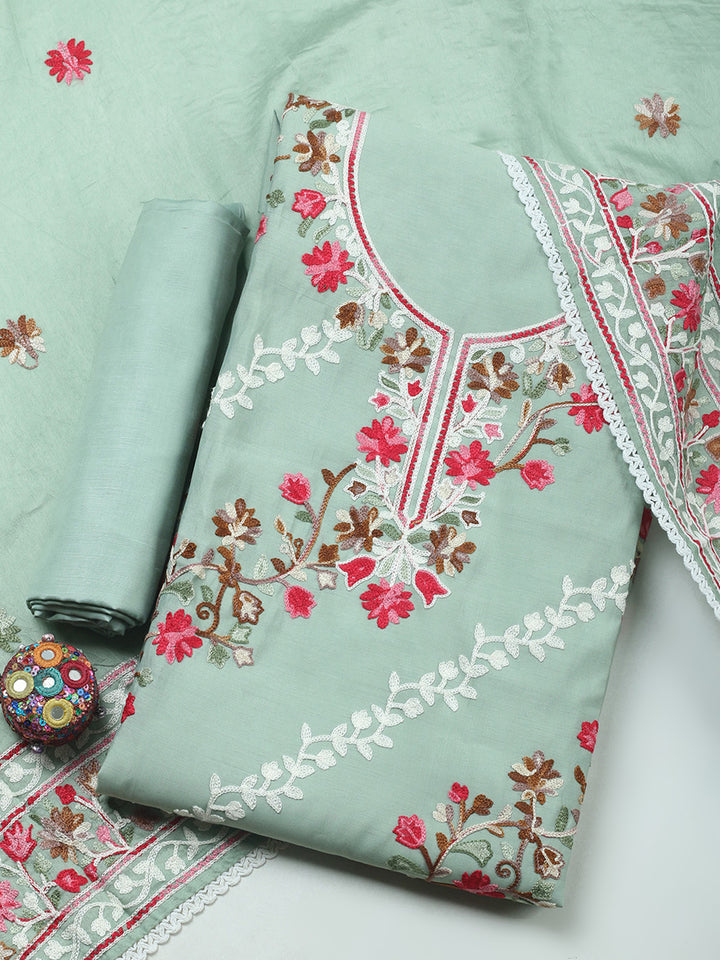 Aqua Green Embroidery Art Silk Unstitched Dress Material