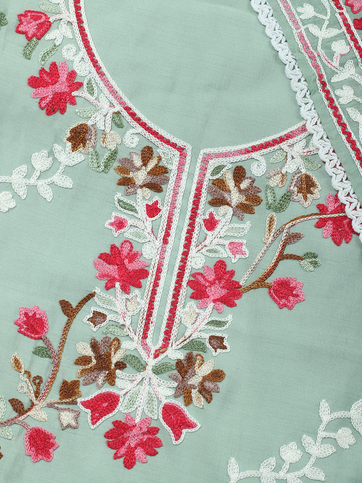 Aqua Green Embroidery Art Silk Unstitched Dress Material