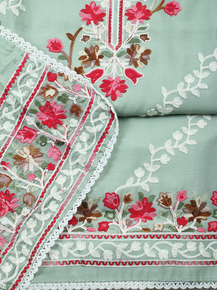 Aqua Green Embroidery Art Silk Unstitched Dress Material